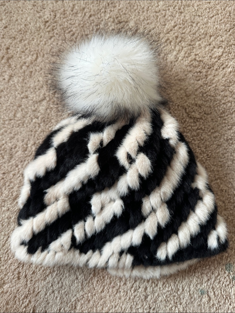 Jocelyn Black and Cream Faux Fur Pom Pom Hat